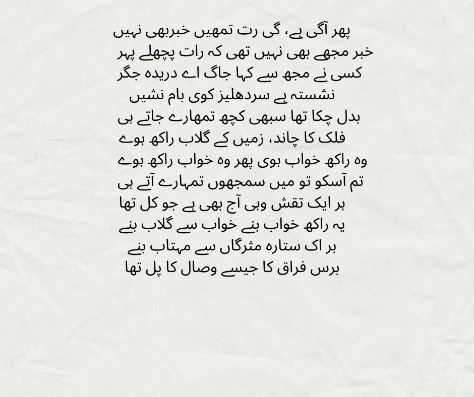 پھر آگی ہے، گی رت تمھیں خبربھی نہیں 
خبر مجھے بھی نہیں تھی کہ رات پچھلے پہ
